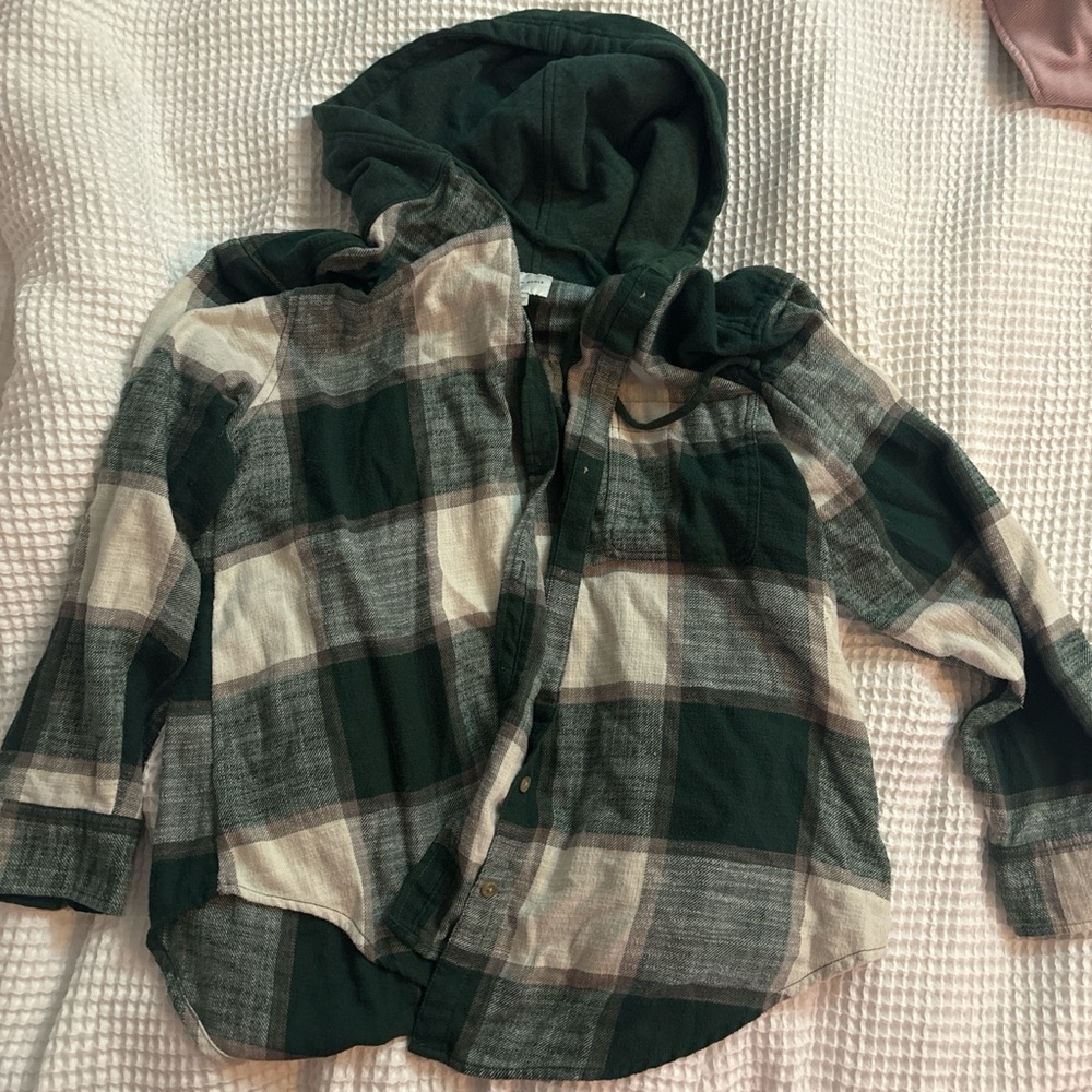 American Eagle Outfitters Green and White Button Down Shirt with Hood